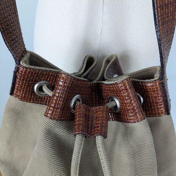 Vintage Talbots Bucket Bag Tan Brown Y2K Handbag Purse Leather Canvas Crossbody - Picture 8 of 16